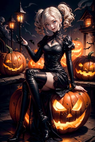 best shadows, halloween, pumpkins, ghosts, fangs, black lacy dress, black thigh boots, ann takamaki [persona], 1girl, happy expression, black twintails, blue eyes, scary pose