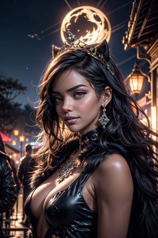 A regal ebony beauty queen, with cornrow hair, with a mischievous smile, similar to both Kendall Jenner and Halle Berry, the panther's fur glowing in the moonlight. Mystical sparkling lights, terrifying atmosphere. Steampunk,red and blue contrast,hand drawn,2D,MSchiffer