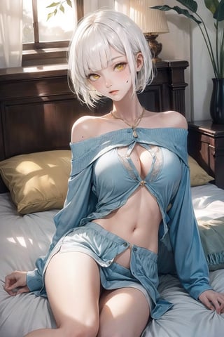 girl, single, tall image, looking at viewer, blush, fringe, highres, short hair, light erotic, on bed,lying on back,head on pillow,, yellow eyes, white hair, indoors, blunt bangs, long sleeves, arm up, off shoulder, mole, navel, shirt