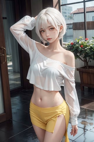 girl, single, tall image, looking at viewer, blush, fringe, highres, short hair, light erotic, standing, yellow eyes, white hair, indoors, blunt bangs, long sleeves, arm up, off shoulder, mole, navel, shirt,standing in rain,water drops,wet