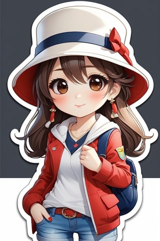 high quality, cute stickers, style cartoon, cute Super Deformed Character, white border, colorful, Detailed illustration of a woman wearing a Helen Kaminski hat with her hands in her pockets, by yukisakura, awesome full color,#Cartoon,#Anime,anime