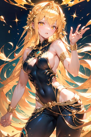 Queen marika,queen marika from elden ring,beautiful figure,tall,long golden hair,golden eyes,side_boobs,Goddess,gold detailed,small breasts,sleeveless,black clothes,greek goddess,skimpy,golden ratio,long clothes,hips,.
, (hyperdetailed:1.3),YAMATO,niji