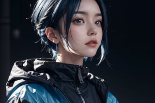 large superimposed Japanese characters ::2 close-up portrait of a beautiful woman with short blue hair, wearing a plastic Nike jacket, in cyberpunk style, with a dark gray background style raw