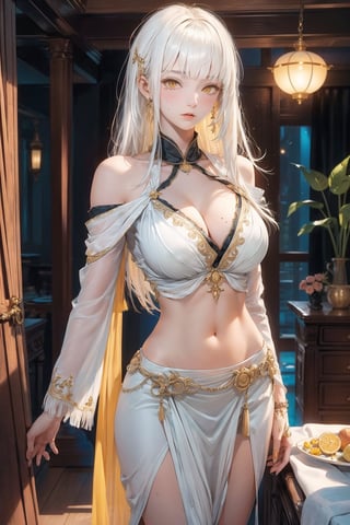 girl, single, tall image, looking at viewer, blush, fringe, highres, long hair, light erotic, standing, yellow eyes, white hair, indoors, blunt bangs, long sleeves, arm up, off shoulder, mole, ((pelvic curtain)),, navel, shirt,YAMATO,niji