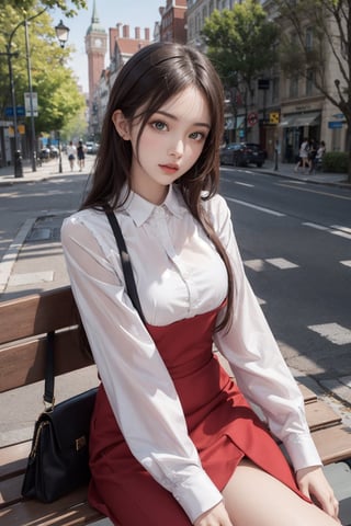 Sexy girl with the red dress on top and white shirt, simple, sitting on a bench in wonderland in the middle of nowhere