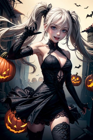 best shadows, halloween, pumpkins, ghosts, fangs, black lacy dress, black thigh boots, ann takamaki [persona], 1girl, happy expression, black twintails, blue eyes, scary pose