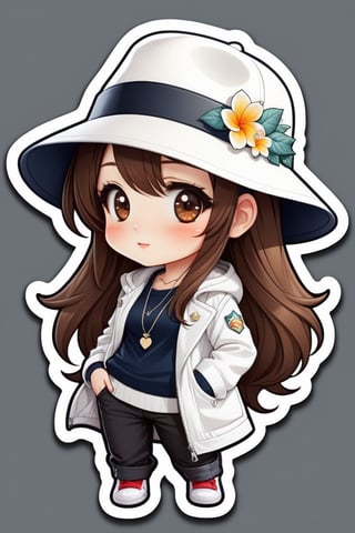 high quality, cute stickers, style cartoon, cute Super Deformed Character, white border, colorful, Detailed illustration of a woman wearing a Helen Kaminski hat with her hands in her pockets, by yukisakura, awesome full color