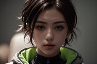 large superimposed Japanese characters ::2 close-up portrait of a beautiful woman with short blue hair, wearing a plastic Nike jacket, in cyberpunk style, with a dark gray background style raw,Masterpiece,1gir1