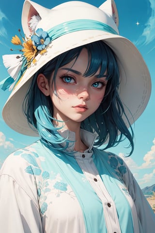 illustration art, front, modern fashion, epic Instagram, artstation, hyperdetailed, unreal engine, modern anime style, anime face, complementary colors, 8k, deviantart masterpiece, oil painting, heavy strokes, female, blue short hair, Inosuke Hashibira from demon slayer, furry white hat, twin bladeAnime ,glitter,shiny,watercolor