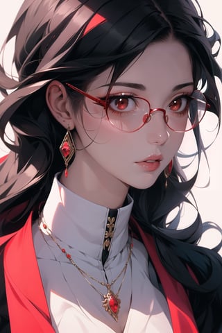 1girl, solo, long hair,oil painting, impasto, looking at viewer, black hair, jewelry,sweater,red eyes,close,earrings, lips,brown skin, necklace,hunter eyes,sharp eyes,glitter,shiny,flirty gaze,lips,white background,circlet,(red glasses,red contrast),masterpiece,beautyniji,nijistyle,niji