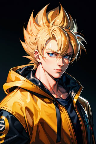 detailed portrait, 1boy, highly detailed clothes, wearing neon coat with hood, beautiful face, robotic, super saiyen, blond hair, brush strokes, 12k, beautiful outfit, wlop, high definition, cinematic, behance contest winner, portrait featured on unsplash, stylized digital art, smooth,raidenshogundef,son goku