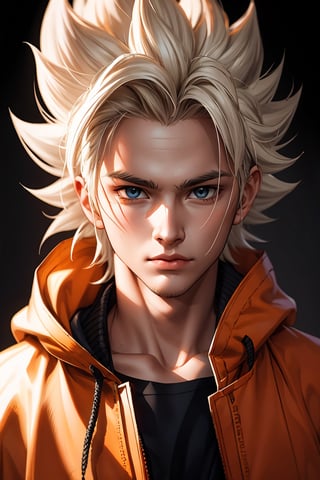 detailed portrait, ultra realistic, 1boy, highly detailed clothes, wearing neon coat with hood, beautiful face, robotic, super saiyen, blond hair, brush strokes, 12k, beautiful outfit, wlop, high definition, cinematic, behance contest winner, portrait featured on unsplash, stylized digital art, smooth,raidenshogundef,son goku