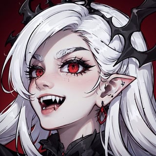 close up portrait of a vampire girl,detailed black crown on her head,white hair flowning,red background,showing her vampire fangs while smiling,sharp nails,big crown,fangs,red eyes,evil look,evil gaze.black earings,black rings,evil laugh,smile