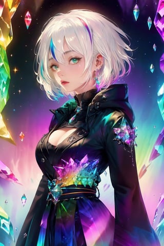 ((Made from crystals)),large superimposed Japanese characters ::2 portrait,dynamic,fractal,flowing,wearing black tops with large ((colorful))trench coat,((crystal like)), beautiful,curvy,medium breasts,((multicolored one sided white hair:1.2)),Masterpiece,1gir1,crystal4rmor,crystal,YAMATO,niji