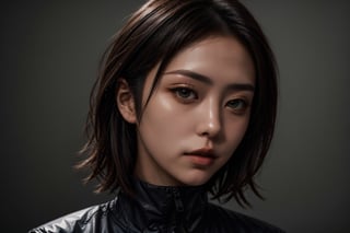 large superimposed Japanese characters ::2 close-up portrait of a beautiful woman with short blue hair, wearing a plastic Nike jacket, in cyberpunk style, with a dark gray background style raw,Masterpiece,1gir1