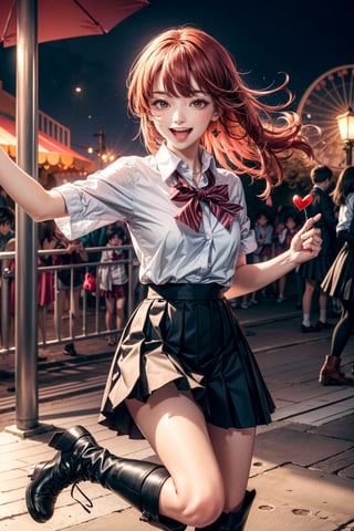 soft lighting, scenic background, carnival, roller coasters, gekkoukan high school uniform, white button up shirt, black pleated skirt, boots, red hair over on eye, excited happy expression, hearts