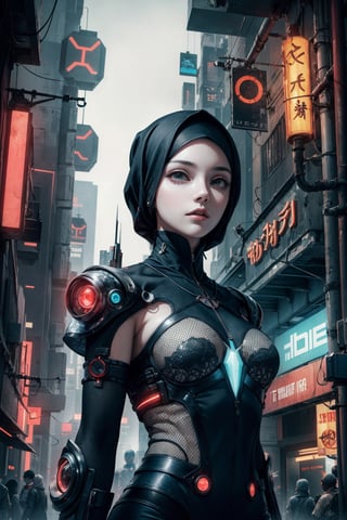 a girl,wearing hijab,futuristic,cyberpunk,from future