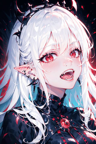 close up portrait of a vampire girl,detailed black crown on her head,white hair flowning,red background,showing her vampire fangs while smiling,sharp nails,big crown,fangs,red eyes,evil look,evil gaze.black earings,black rings,evil laugh,smile,YAMATO