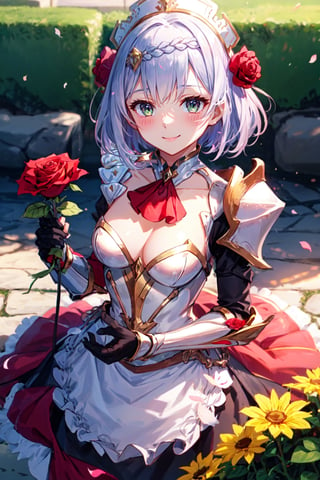 noelle gi, outdoors, maid headdress, closed mouth, holding, red rose, red ascot, shoulder armor, solo, ascot, armored dress, hair ornament, armor, petals, smile, holding flower, 1girl, looking at viewer, cleavage, gauntlets, blush, medium breasts,noelledef