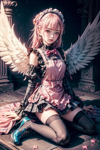 Havoc and Disorder, 1girl, solo, long hair, looking at viewer, blush, bangs, thighhighs, long sleeves, dress, bow, ribbon, jewelry, full body, pink hair, earrings, frills, parted lips, detached sleeves, wings, striped, pink eyes, star (symbol), nail polish, apron, plaid, maid headdress, blue dress, blue bow, frilled dress, striped thighhighs, angel wings, blue footwear, frilled thighhighs, plaid dress
