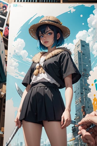 illustration art, front, modern fashion, epic Instagram, artstation, hyperdetailed, unreal engine, modern anime style, anime face, complementary colors, 8k, deviantart masterpiece, oil painting, heavy strokes, female, blue short hair, Inosuke Hashibira from demon slayer as a girl, furry white hat, twin blade,Anime ,glitter,shiny,watercolor,inosuke