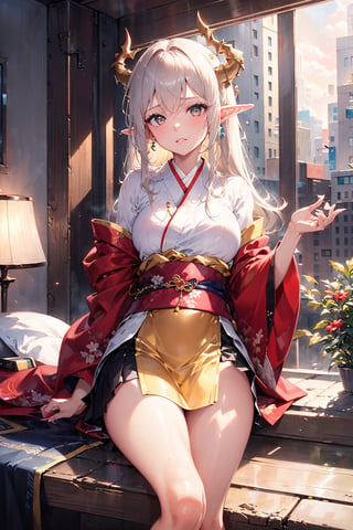 A girl with white skin, her hair straight long from dark brown to light brown from top to bottom, with elf ears and dragon horns, wearing a beige kimono skirt with a short skirt, and golden eyes, sakimichan, wlop, loish, artgerm, golden hour, 8k, soft lighting aesthetic, volumetric lighting, action pose, extremely detailed natural texture, masterpiece, absurdres, depth of field