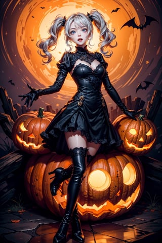 best shadows, halloween, pumpkins, ghosts, fangs, black lacy dress, black thigh boots, ann takamaki [persona], 1girl, happy expression, black twintails, blue eyes, scary pose