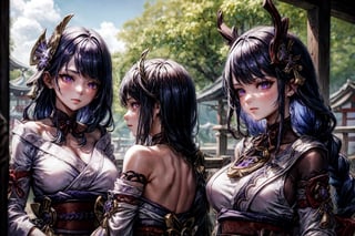 3girls,Highly detailed, High Quality, Masterpiece, beautiful, ,1girl(BREAK yae miko, pink eyes, long hair, pink hair, animal ears),1girl(BREAK Raiden_Shogun_\(genshin impact\), Raiden_Shogun:1.2, blue hair, long hair, 1girl(BREAK, kujou_sara\(Genshin Impact\), kujou sara, mask, bangs, mask on head, black hair, blue hair, yellow eyes, short hair),3girls(yaemikodef,kujousaradef,raidenshogundef)