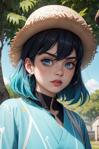 illustration art, front, modern fashion, epic Instagram, artstation, hyperdetailed, unreal engine, modern anime style, anime face, complementary colors, 8k, deviantart masterpiece, oil painting, heavy strokes, female, blue short hair, Inosuke Hashibira from demon slayer as a girl, furry white hat, twin blade,Anime ,glitter,shiny,watercolor,inosuke