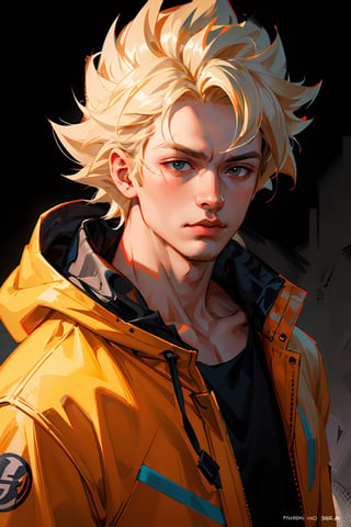 detailed portrait, ultra realistic, 1boy, highly detailed clothes, wearing neon coat with hood, beautiful face, robotic, super saiyen, blond hair, brush strokes, 12k, beautiful outfit, wlop, high definition, cinematic, behance contest winner, portrait featured on unsplash, stylized digital art, smooth,raidenshogundef,son goku