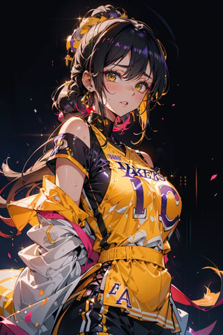 Masterpiece,highly detailed,absurd_res,sole_female,beautiful,wearing lakers uniform,yellow uniform,beautiful,sweating ,sexy,portrait,tied hair,slim,attractive,alluring,seductive look,off-shoulder shirt,off-boob shirt,parted lips,detailed face,beautiful body,shorts,women,charming,raidenshogundef
