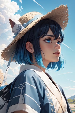 illustration art, front, modern fashion, epic Instagram, artstation, hyperdetailed, unreal engine, modern anime style, anime face, complementary colors, 8k, deviantart masterpiece, oil painting, heavy strokes, female, blue short hair, Inosuke Hashibira from demon slayer as a girl, furry white hat, twin blade,Anime ,glitter,shiny,watercolor,inosuke