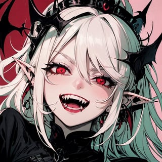 close up portrait of a vampire girl,detailed black crown on her head,white hair flowning,red background,showing her vampire fangs while smiling,sharp nails,big crown,fangs,red eyes,evil look,evil gaze.black earings,black rings,evil laugh,smile
