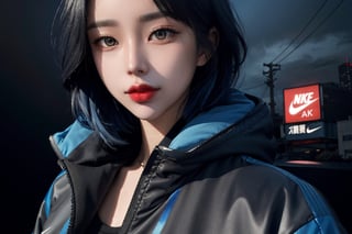 large superimposed Japanese characters ::2 close-up portrait of a beautiful woman with short blue hair, wearing a plastic Nike jacket, in cyberpunk style, with a dark gray background style raw,Masterpiece,1gir1,Narin