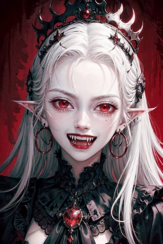 close up portrait of a vampire girl,detailed black crown on her head,white hair flowning,red background,while smiling,big crown,red eyes,evil look,evil gaze.black earings,black rings,evil laugh,smile,YAMATO,fangs