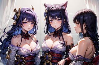 3girls,Highly detailed, High Quality, Masterpiece, beautiful, ,1girl(yae miko, pink eyes, long hair, pink hair, animal ears),1girl(Raiden_Shogun_\(genshin impact\), Raiden_Shogun:1.2, blue hair, long hair, 1girl(kujou_sara\(Genshin Impact\), kujou sara, mask, bangs, mask on head, black hair, blue hair, yellow eyes, short hair),3girls,yaemikodef,kujousaradef,raidenshogundef