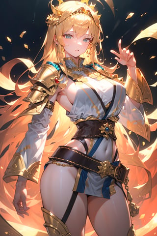 Goddess,gold shoulder pads,gold detailed,white clothes,greek goddess,armor type clothing,skimpy,golden ratio,gold sleeves,long clothes,hips,gold thigh straps,golden belt,crown,long blonde hair.
, (hyperdetailed:1.3),YAMATO,niji