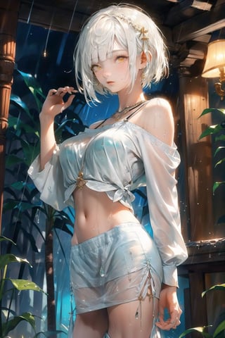 girl, single, tall image, looking at viewer, blush, fringe, highres, short hair, light erotic, standing, yellow eyes, white hair, indoors, blunt bangs, long sleeves, arm up, off shoulder, mole, navel, shirt,standing in rain,water drops,wet