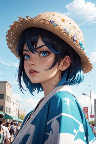 illustration art, front, modern fashion, epic Instagram, artstation, hyperdetailed, unreal engine, modern anime style, anime face, complementary colors, 8k, deviantart masterpiece, oil painting, heavy strokes, female, blue short hair, Inosuke Hashibira from demon slayer as a girl, furry white hat, twin blade,Anime ,glitter,shiny,watercolor,inosuke