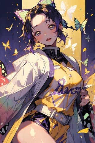 ((Masterpiece)),highly detailed,1_girl,beautiful,wearing lakers uniform,yellow uniform,kochou shinobu