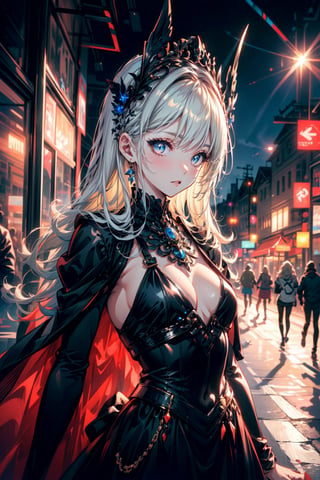 ultra detailed illustration in anime style of a gorgeous vampire woman with iridiscent eyes, pale skin, headdress, gothic victorian dress, lens flare, depth of field, bokeh effect, backlit, stylish, elegant, breathtaking, visually rich, flat lights, flat colors, cel shading, art by best anime studios, by MSchiffer, 32k resolution, best quality, ink lines,