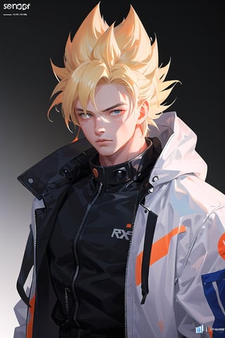 detailed portrait, ultra realistic, 1boy, highly detailed clothes, wearing neon coat with hood, beautiful face, robotic, super saiyen, blond hair, brush strokes, 12k, beautiful outfit, wlop, high definition, cinematic, behance contest winner, portrait featured on unsplash, stylized digital art, smooth,son goku