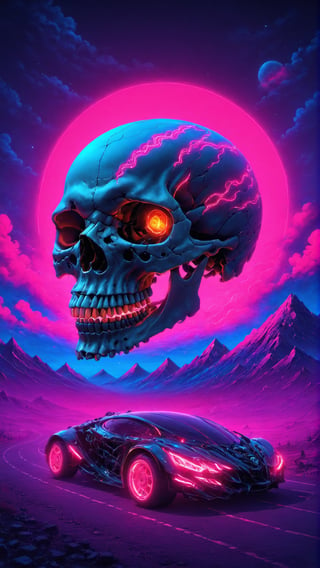 futuristic skull, neon color, night sky, colorful beautiful mountain, sharp,clouds, valley art, detailed tires,valley scene, neon photography style, more detail XL, ColorART,neon photography style
