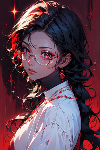 1girl, solo, long hair,oil painting, impasto, looking at viewer, black hair, jewelry,sweater,red eyes,close,earrings, lips,brown skin, necklace,hunter eyes,sharp eyes,glitter,shiny,flirty gaze,lips,red background,circlet,(red glasses,red contrast),masterpiece,beautyniji,nijistyle,niji