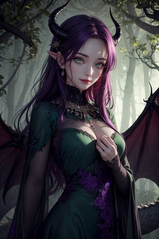 Imagine a beautiful woman with long and wild dark purple hair hair flowing freely around her. She has horns. Her dragon eyes are bright green, sparkling with intricate detail. She smiles like she is scheming something. She wears a gorgeous dress with a fine touch and she wears fine jewelery. The background is a creepy forest with dim lighting, creating an ominous ambiance. She is surrounded by sparking magic. This artwork captures a creepy atmosphere against the backdrop of a beautiful yet dimly lit setting, detailed, detail_eyes, detailed_hair, detailed_scenario, detailed_hands, detailed_background. girl, fine clothing, nilou horns, parted bangs, messy hair, bishoujo, 