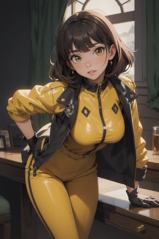 masterpiece,detailed,perfect lighting, 1girl wearing yellow outfit with black striped,bangs,gloves, jacket,sexy,beautiful girl,leaning forward,pretty