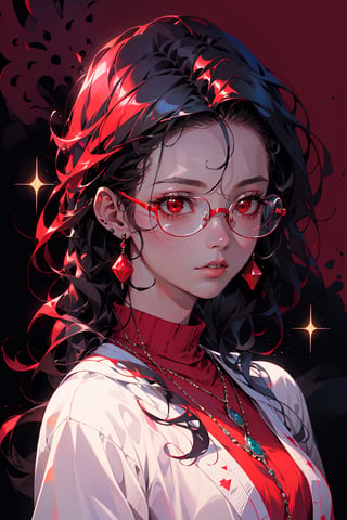 1girl, solo, long hair,oil painting, impasto, looking at viewer, black hair, jewelry,sweater,red eyes,close,earrings, lips,brown skin, necklace,hunter eyes,sharp eyes,glitter,shiny,flirty gaze,lips,red background,circlet,(red glasses,red contrast),masterpiece,beautyniji,nijistyle,niji