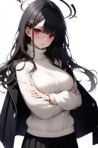rio blue archive,black hair, 1girl, white sweater, long sleeves, solo, large breasts, turtleneck, red eyes, sweater, ribbed sweater, turtleneck sweater, black jacket, simple background, crossed arms, skirt, parted lips, hair ornament, blunt bangs, breasts, bangs, coat on shoulders, looking at viewer, white background, long hair, jacket, black skirt, halo, jacket on shoulders,rio blue archive,black hair, 1girl, white sweater, long sleeves, solo, large breasts, turtleneck, red eyes, sweater, ribbed sweater, turtleneck sweater, black jacket, simple background, crossed arms, skirt, parted lips, hair ornament, blunt bangs, breasts, bangs, coat on shoulders, looking at viewer, white background, long hair, jacket, black skirt, halo, jacket on shoulders,animeniji,beautyniji