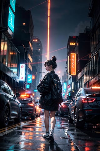 anime 1girl, walking, neon street, people in background, blurry cars and buildings,cars moving so fast that they leaves a light trail that is blurry,city is futuristic cyberounk night city,smoke,electronics,glow,lights
