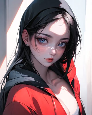 1girl, solo,oil painting, impasto, looking at viewer, silver eyes,bangs,long black hair,hoodie,red lips,red,light skin,vague gaze,masterpiece,beautyniji,nijistyle,niji